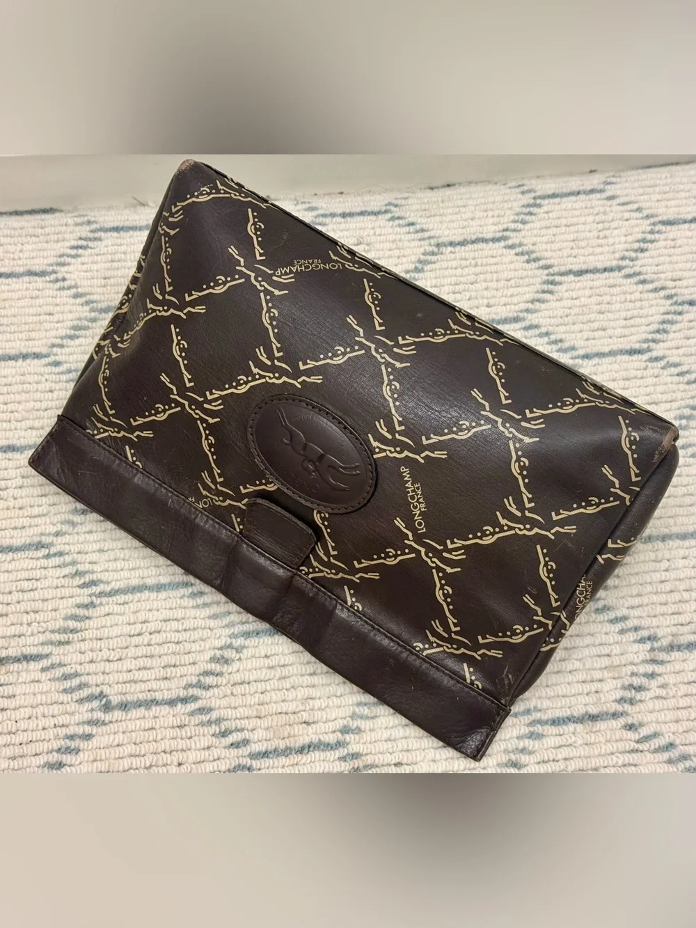 LONGCHAMP Vintage 80’s Unisex Brown Leather Monogram Pouch Clutch Made N France